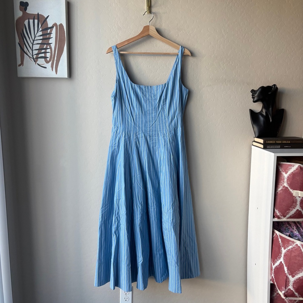 Staud Dress Wells Pinstripe Blue White Striped Cotton Midi Dress Size 10 - Picture 2 of 10